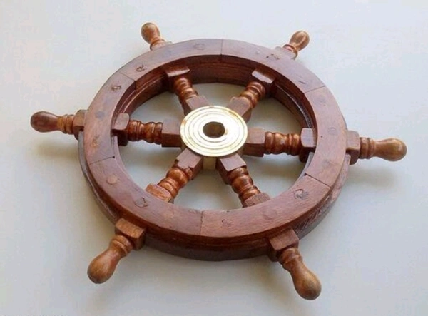 Wooden Wall Decore Hanging Its center is fitted with a golden brass hub - 12inch, Wooden, Ship Wheel, Pack of 1